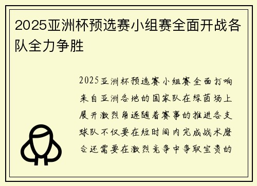 2025亚洲杯预选赛小组赛全面开战各队全力争胜